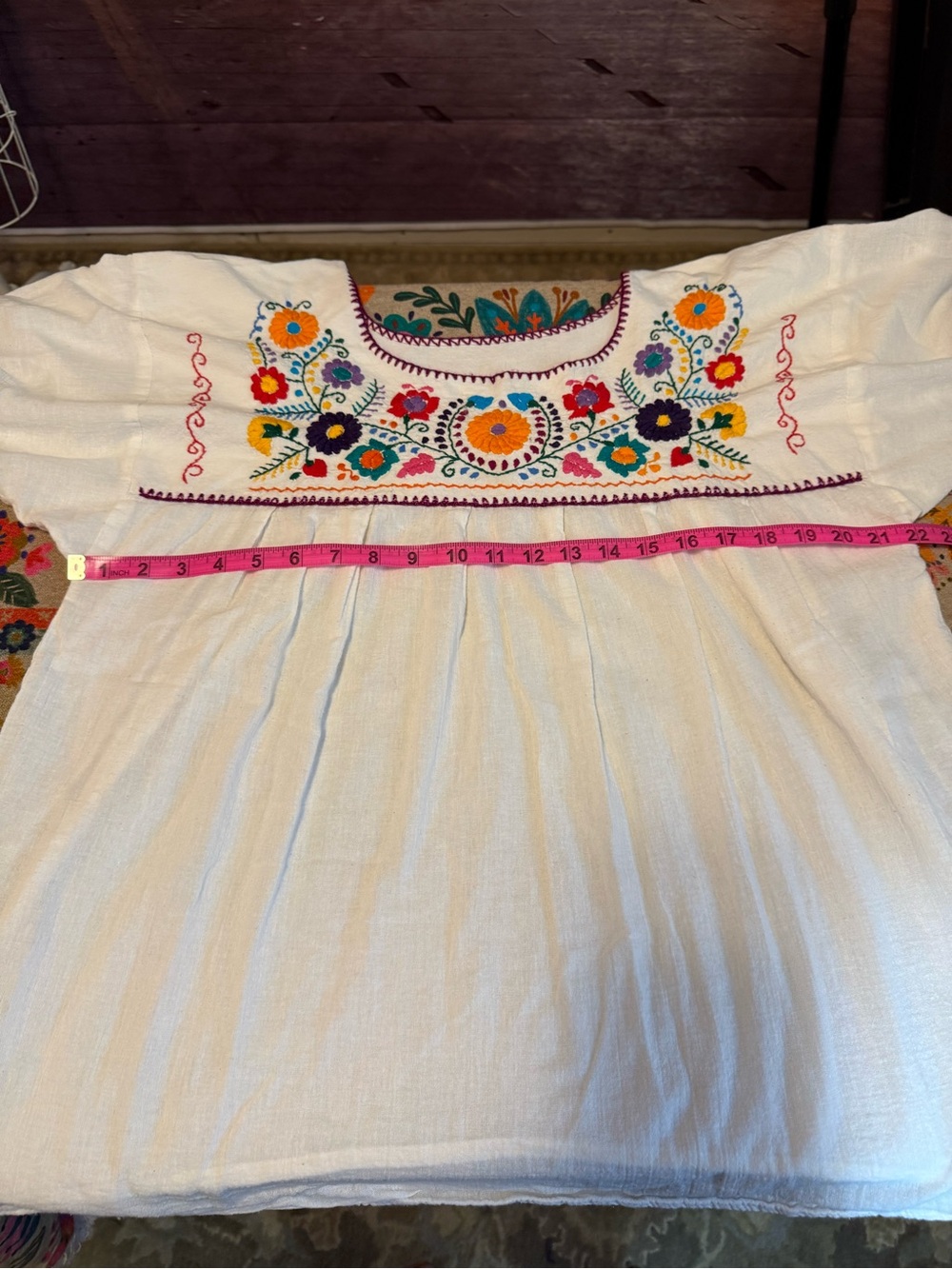 White Embroidered Women’s Peasant Top Mexican Hand Made Floral Yoke XL - Picture 8 of 15